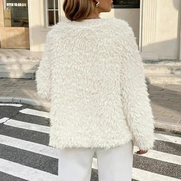 Beige Casual Women's Long Sleeve Faux Fur Crew Neck Tweed Coat - Picture 2 of 6